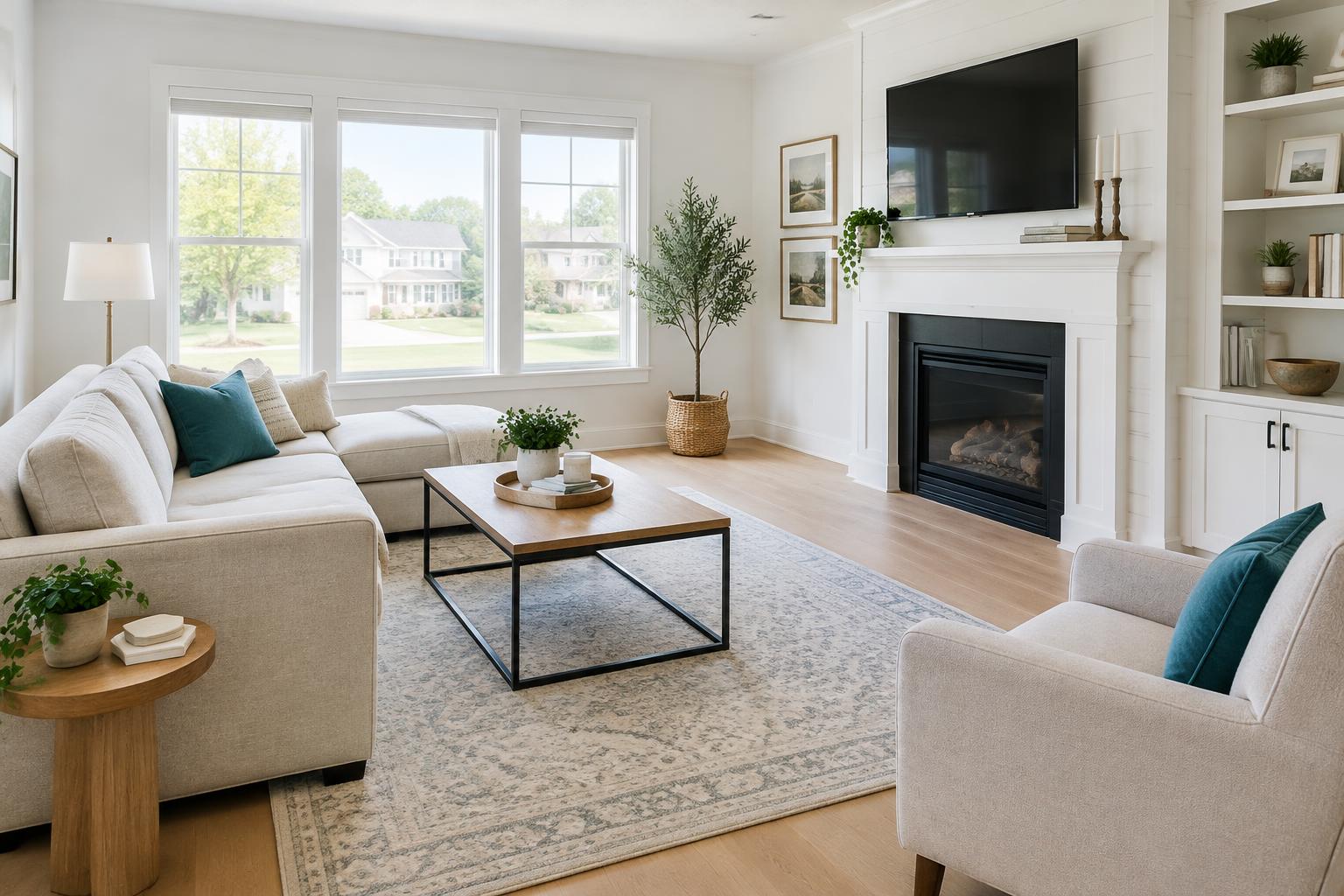 Bright, freshly cleaned living room with a light sofa and wood floors